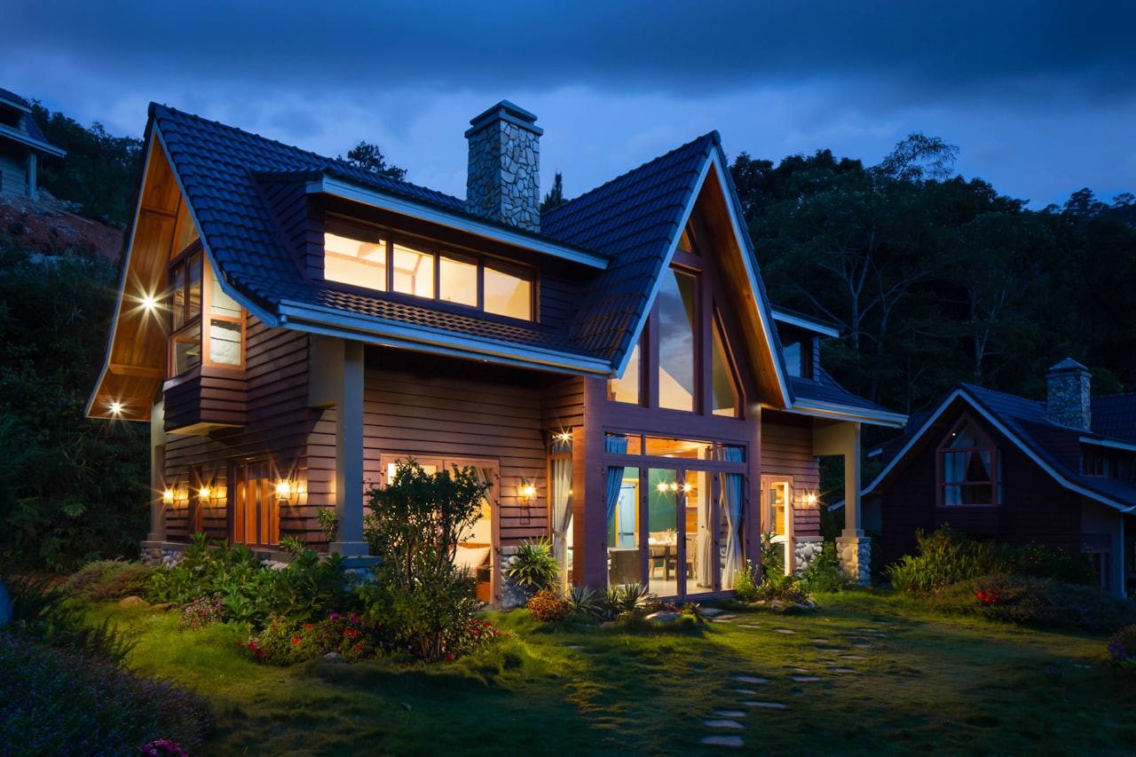 Modern home exterior at dusk